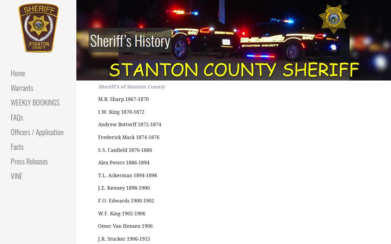 Stanton County sheriff history showing historical no-jail context