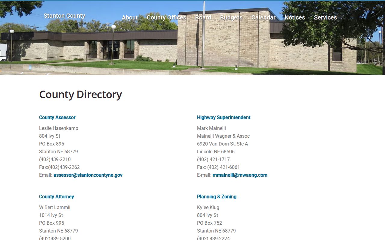 Stanton County directory with sheriff and court office routes