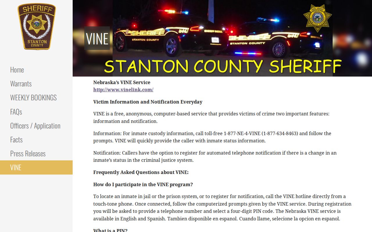 Stanton County VINE custody notification explanation