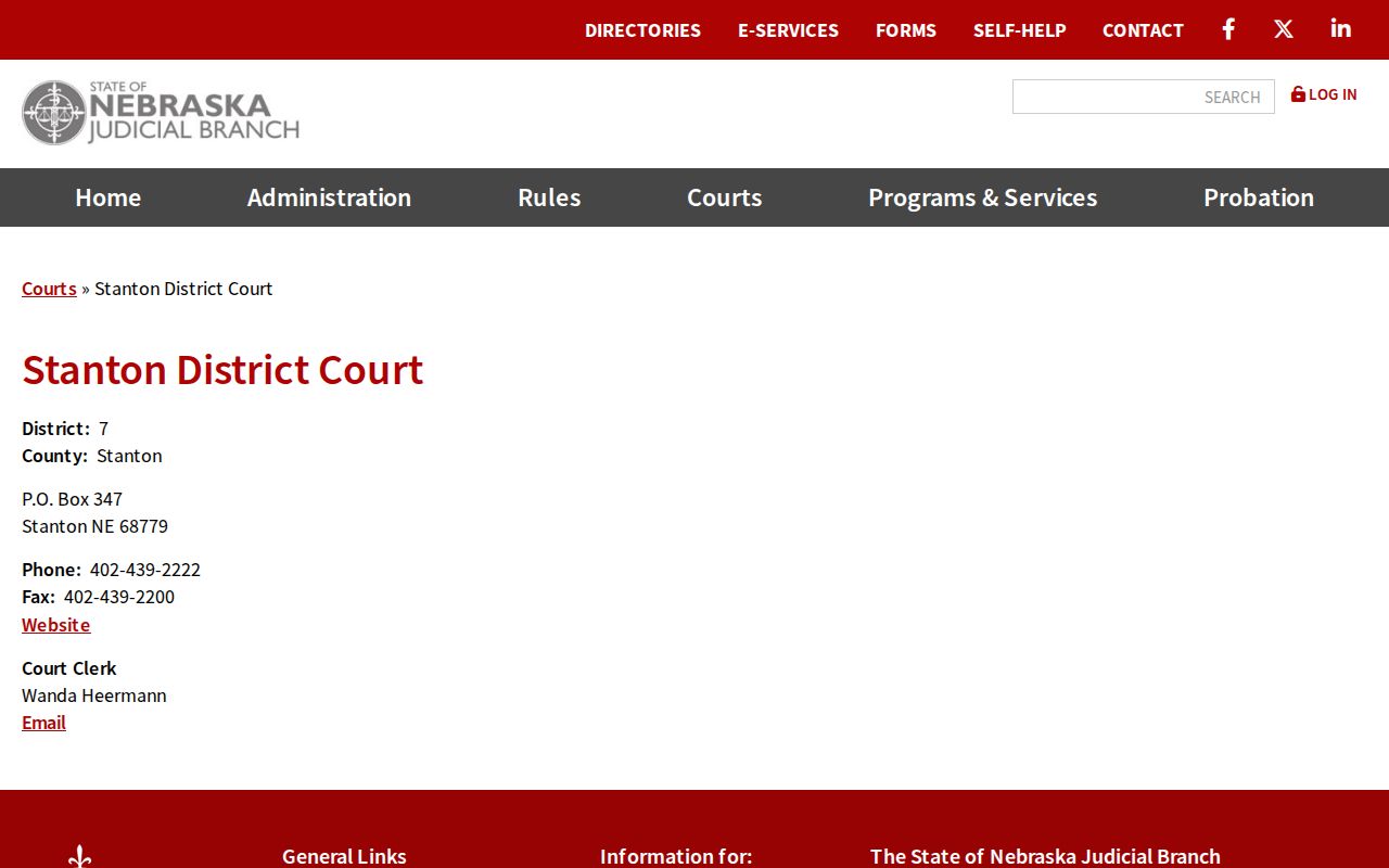 Nebraska Judicial Branch Stanton District Court contact panel