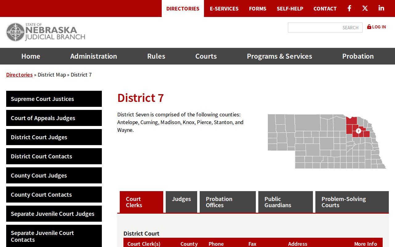 Nebraska Judicial Branch District 7 map and county list