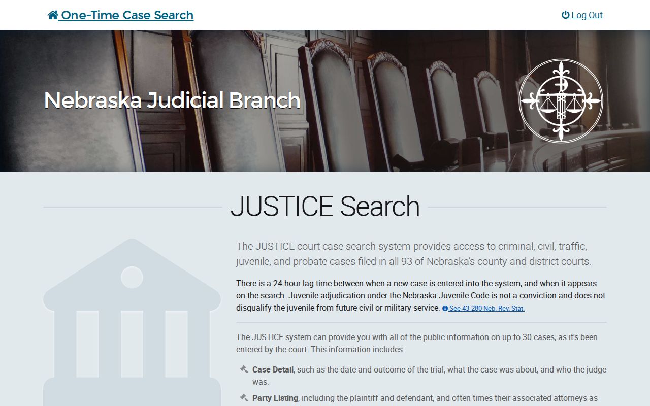 Nebraska JUSTICE one-time search landing page