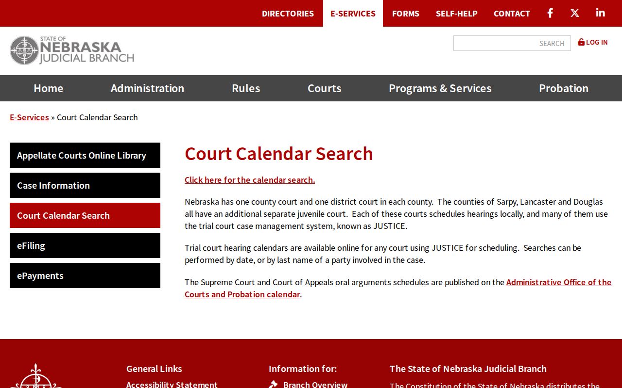 Nebraska court calendar search controls for date and party