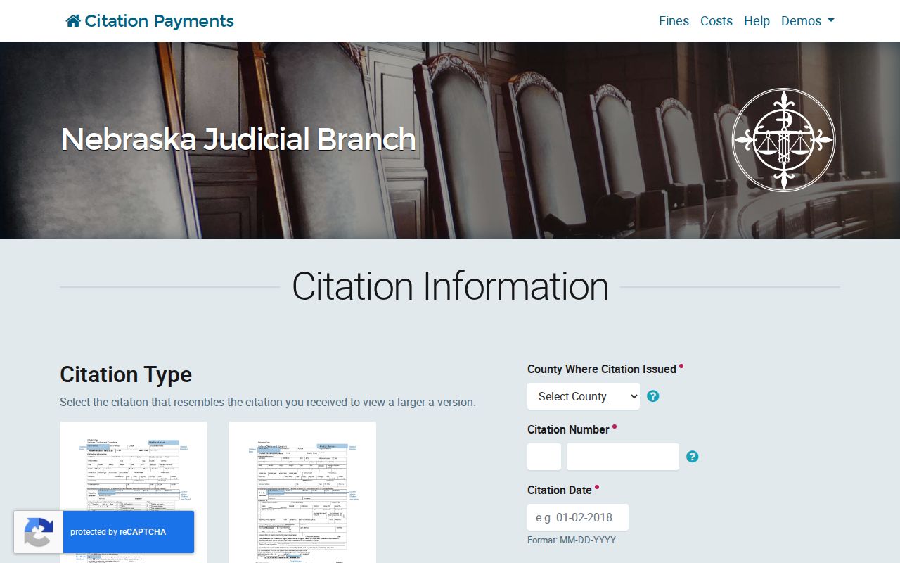 Nebraska citation portal fields for county and citation routing