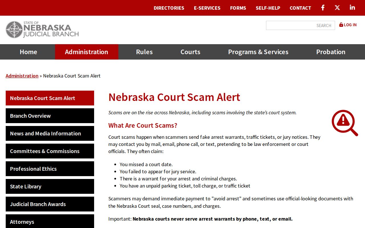Nebraska Judicial Branch official court scam warning
