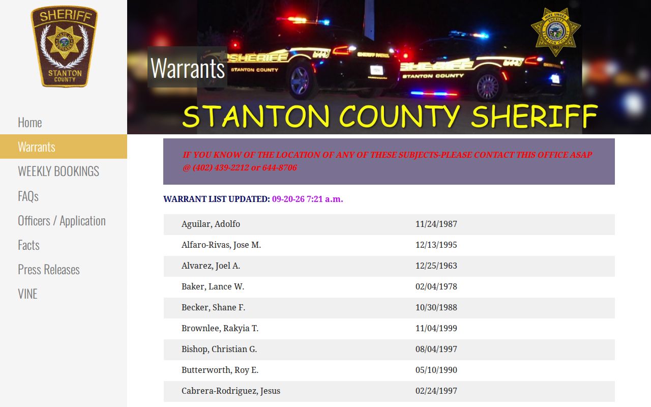 Stanton County Sheriff warrant publication without live rows