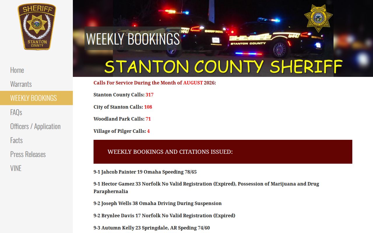 Stanton County weekly bookings and citations page schema